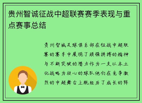 贵州智诚征战中超联赛赛季表现与重点赛事总结