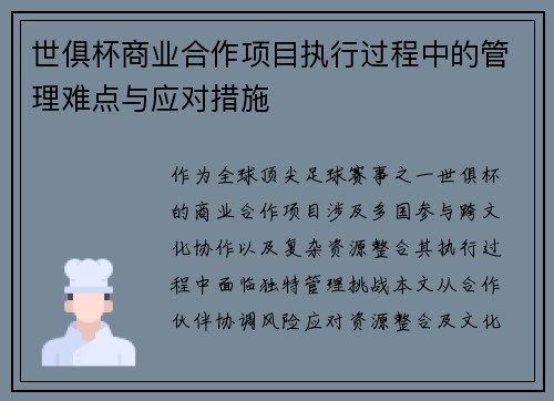 世俱杯商业合作项目执行过程中的管理难点与应对措施