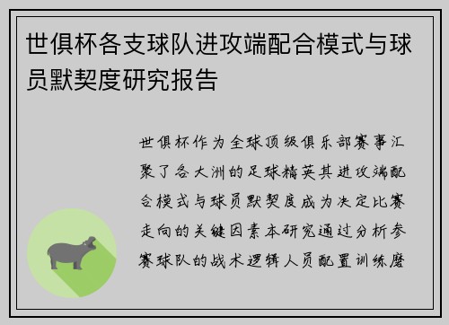世俱杯各支球队进攻端配合模式与球员默契度研究报告